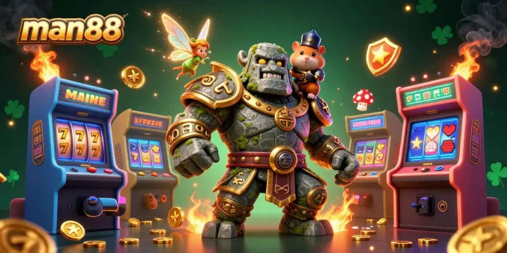 Experience thrilling gaming with man88, showcasing a lively casino scene with treasure and magic.