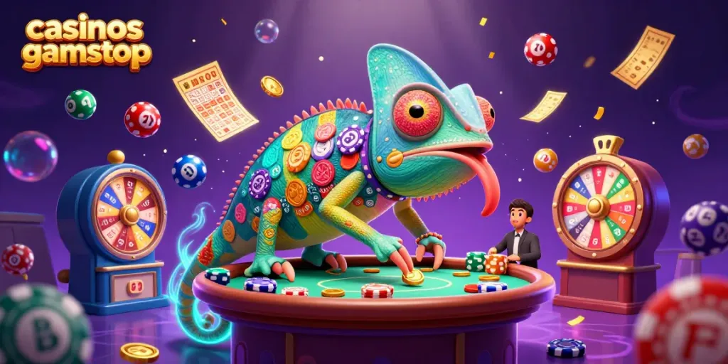 Win big at casinos not on gamstop with an extravagant 3D chameleon-themed casino illustration
