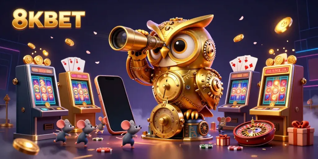 Engage in thrilling gaming with 8KBET's vibrant casino scene featuring a golden owl and playful mice.