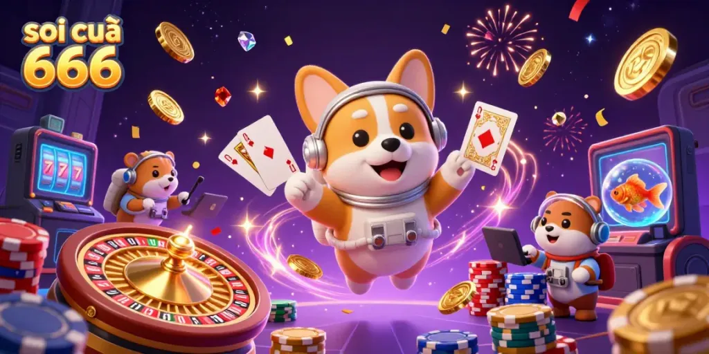 Experience thrilling cosmic gaming with soi cầu 666, featuring an astronaut corgi in a vibrant casino.