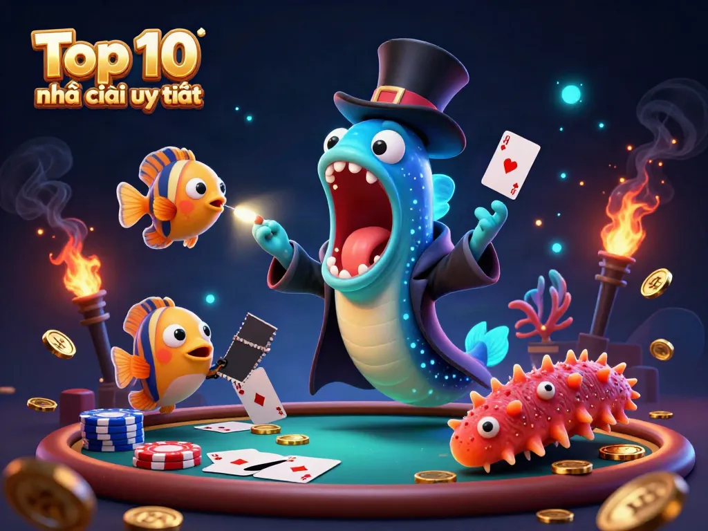 Experience the magic of Top 10 nhà cái uy tín with a bioluminescent eel performing card tricks among poker elements.