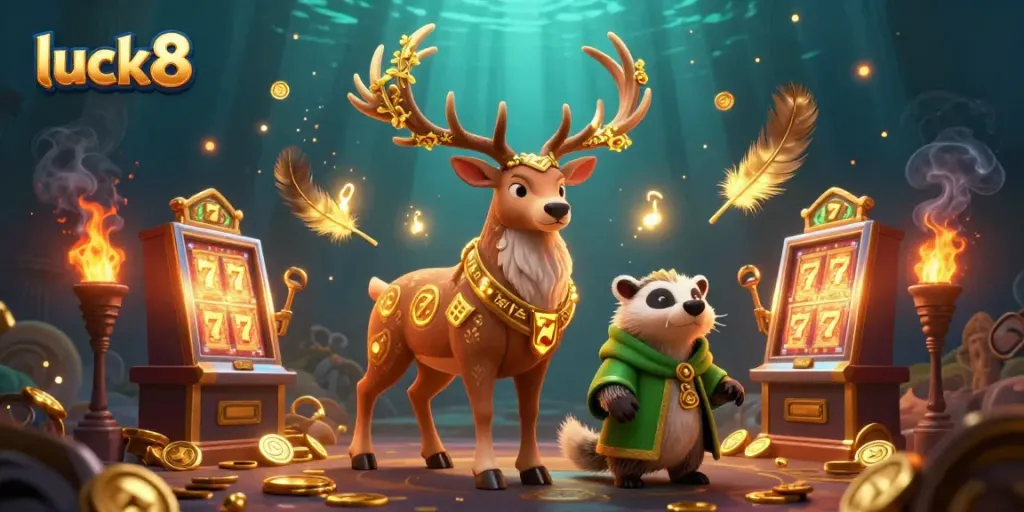 Engage with luck8's casino magic in an enchanted scene filled with vibrant slot machines and mythical creatures.