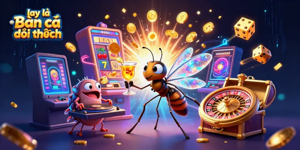Engage in excitement with lại là Bắn cá đổi thưởng, a lively illustration of gaming with fish and casino elements.