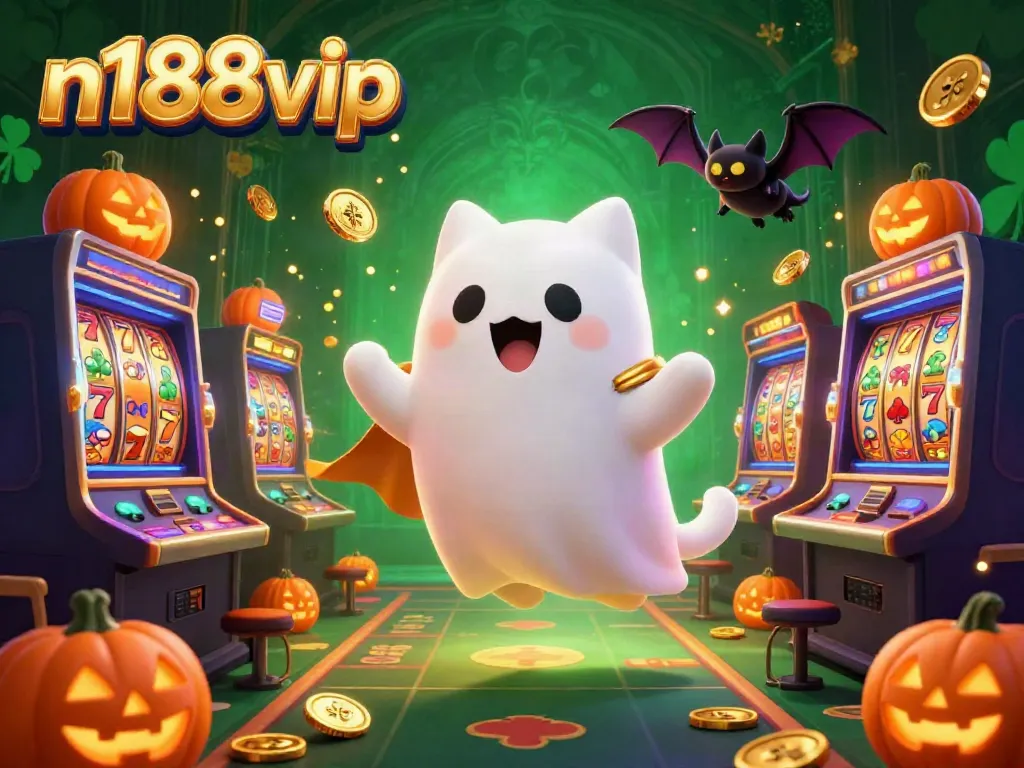 Engage with n188vip's exciting gaming scene featuring a cat ghost, glowing jackpots, and vibrant slot machines.