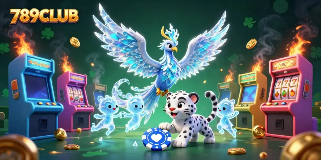 Engage with exciting 789CLUB gameplay featuring an ice phoenix and vintage arcade machines.