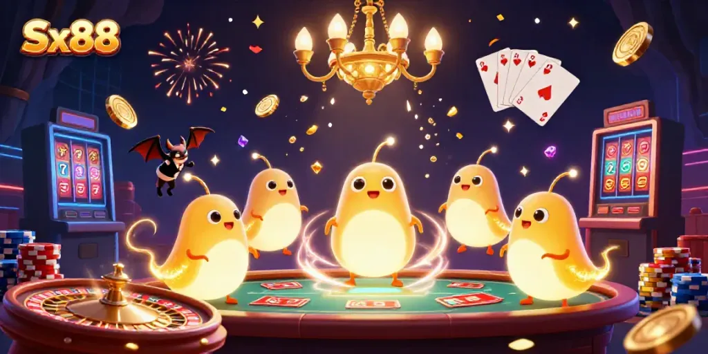 Experience the excitement of Sx88 with glowworms illuminating a vibrant casino scene filled with action.