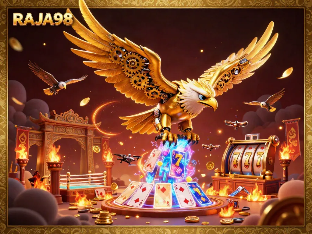 Experience thrilling action with RAJA98 featuring a golden eagle amidst holographic slot elements and dynamic gambling energy.