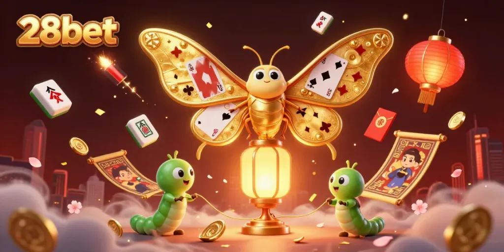Engage with vibrant 28bet casino scenes featuring a majestic atlas moth and golden lanterns.