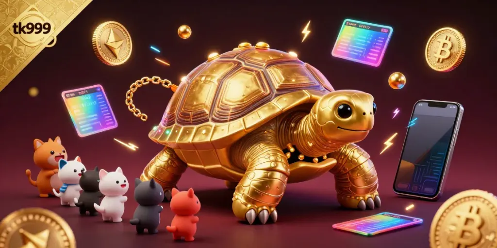 Experience the exciting tk999 gameplay with a golden tortoise pinball machine and vibrant crypto elements.