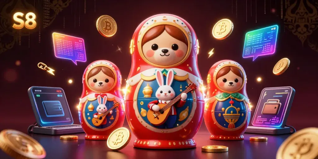 Engage with S8's vibrant casino scene featuring a Matryoshka bear and glowing crypto elements.