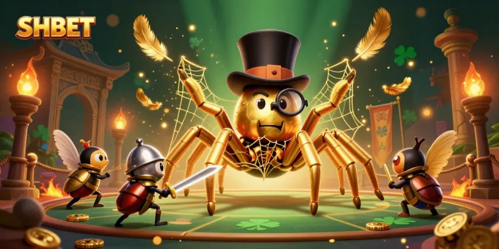Experience thrilling SHBET games with a vibrant scene of a golden tarantula and brave beetle knight.
