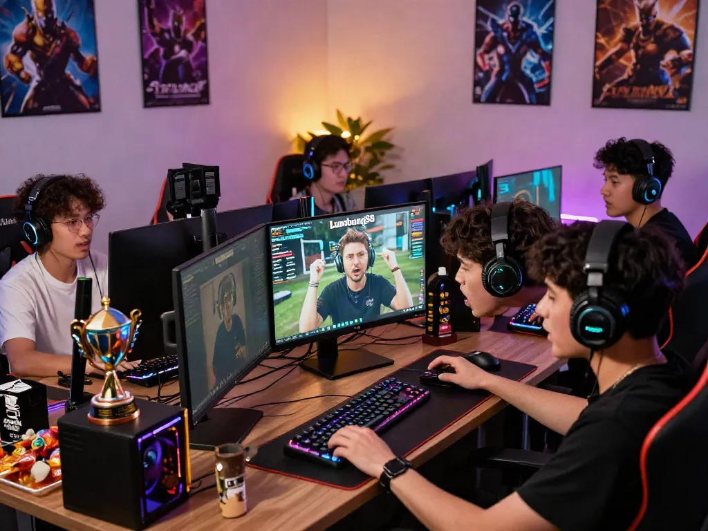 Engaged gamers playing Lumbung88 in a vibrant, dynamic gaming room setup with colorful LED lights.
