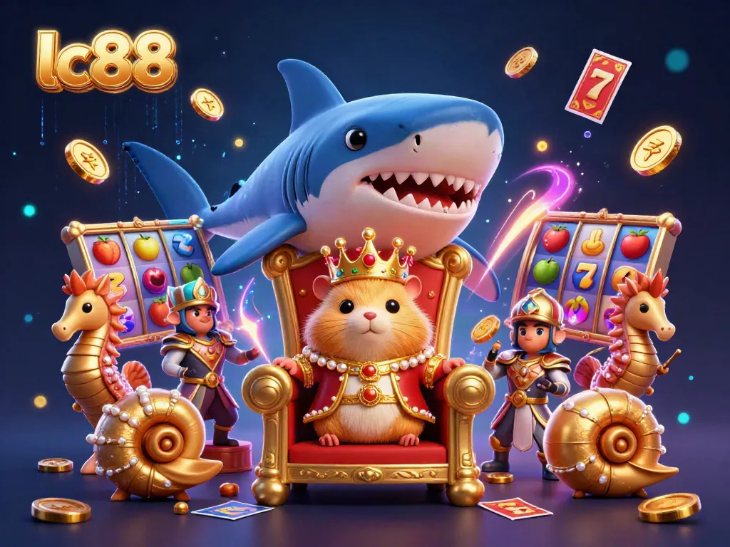 Watch lc88's vibrant casino scene featuring a hamstercrowned king among slot machines and golden coins.