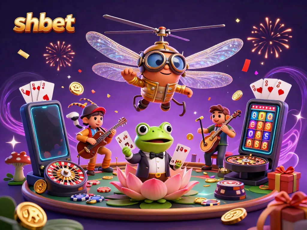 Experience excitement with shbet's dynamic casino scene, featuring a frog dealer, vibrant slots, and thrilling jazz.