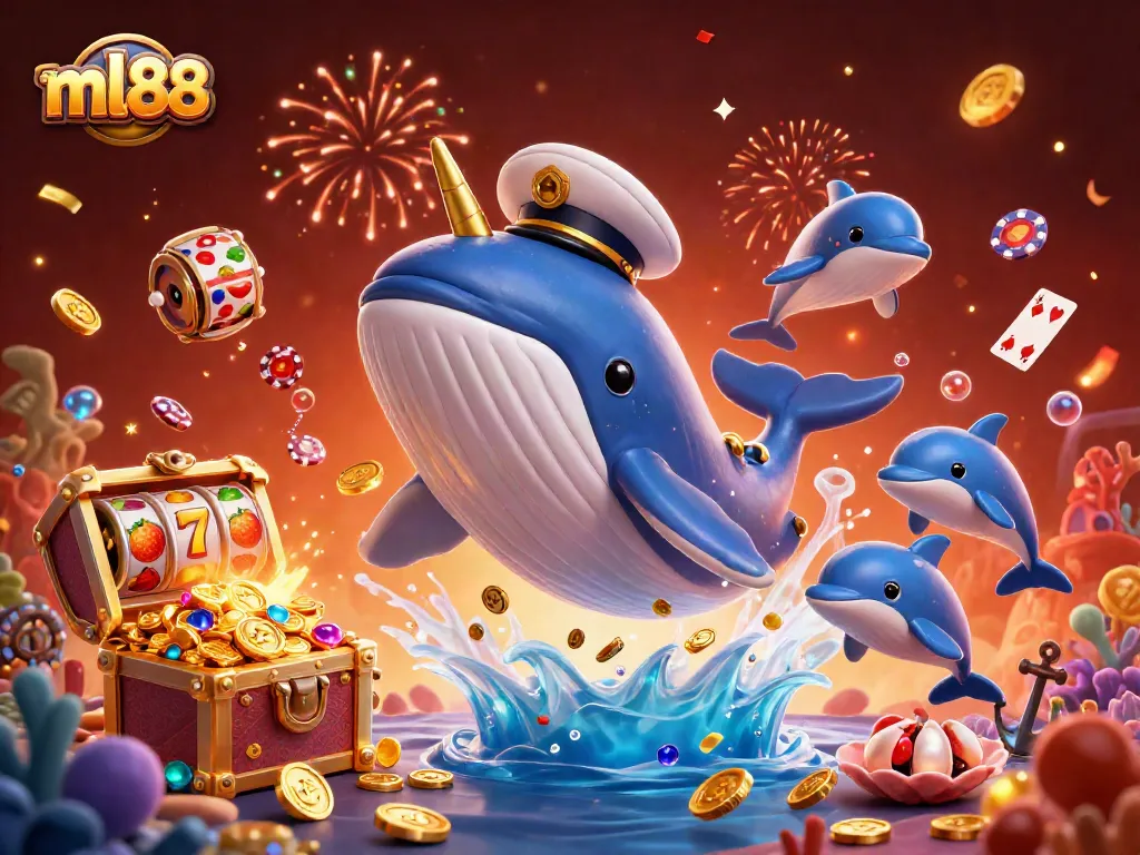 Experience exciting gaming elements at ml88 with playful dolphins, a vibrant whale, and golden treasures.