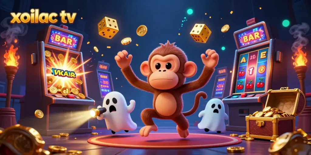 Xoilac TV's vibrant gambling atmosphere featuring a playful monkey and ghost-hunter puppy.