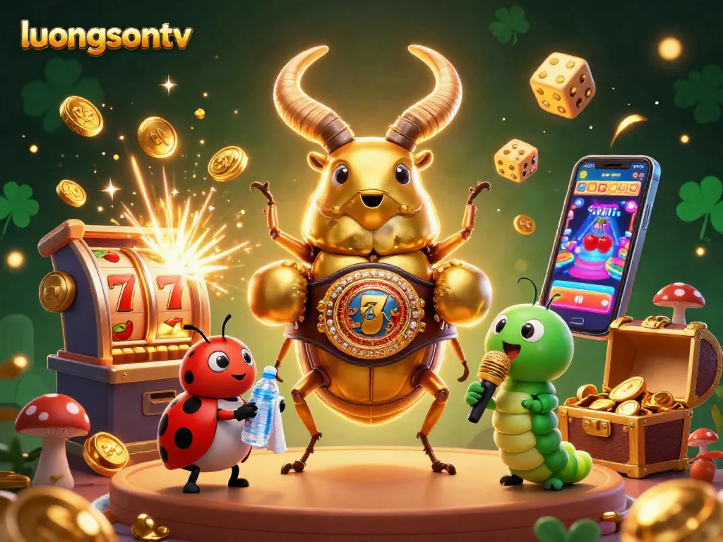 Experience thrill at luongsontv with a giant beetle champion amidst slot machine excitement.
