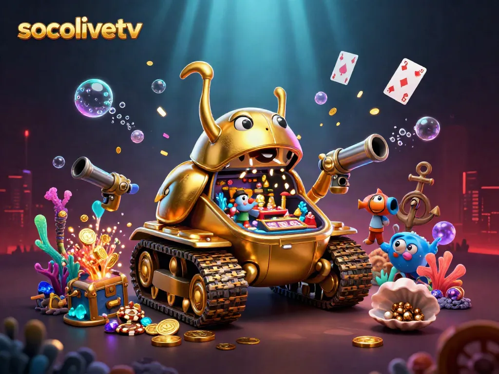 Experience the excitement of socolivetv through a glamorous 3D casino environment filled with vibrant gems and golden coins.
