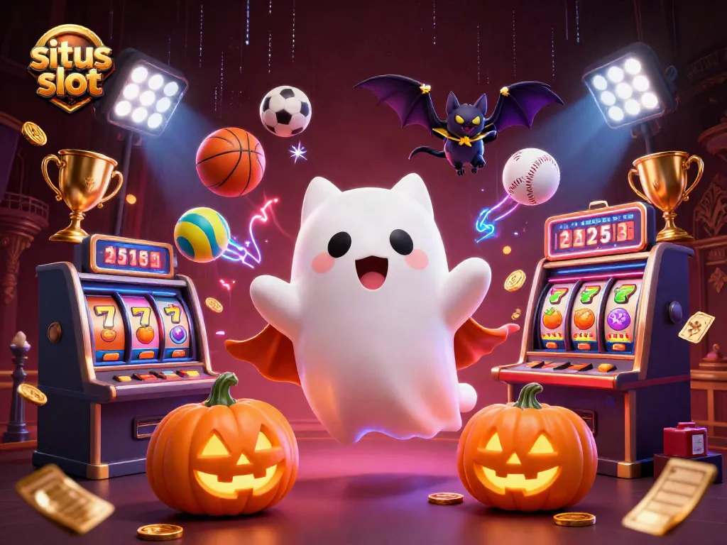 Situs slot illustrated scene with a friendly ghost cat, vampire bat, and glowing jack-o-lanterns in a haunted casino