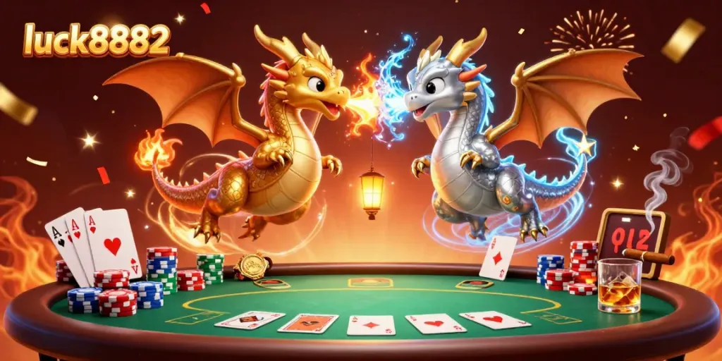 Engage with luck8882's thrilling atmosphere featuring dragons, poker elements, and an interactive gaming experience.