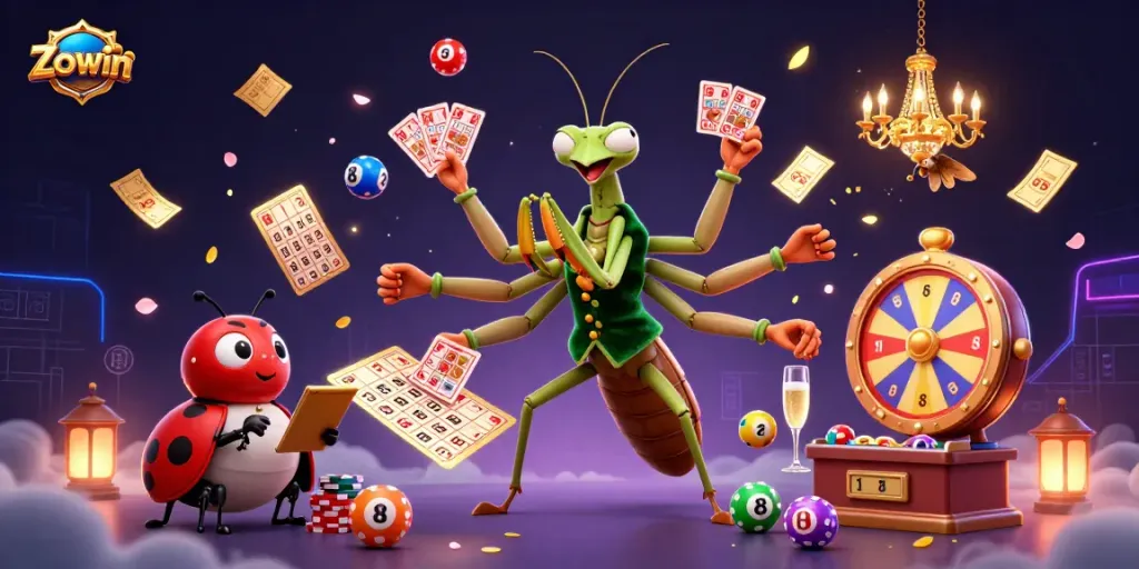 Zowin game experience with vibrant lottery elements, featuring 3D mantis dealer and ladybug pit boss.