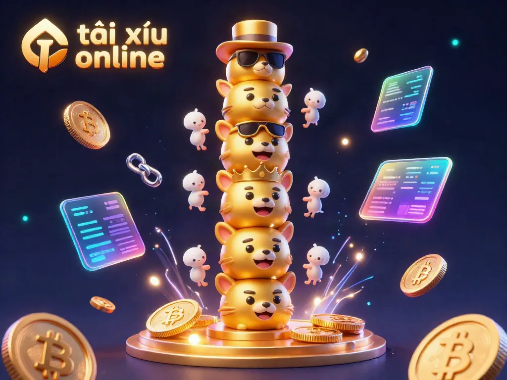 Engage in thrilling tài xỉu online with vibrant 3D cartoon totem and cryptocurrency elements.