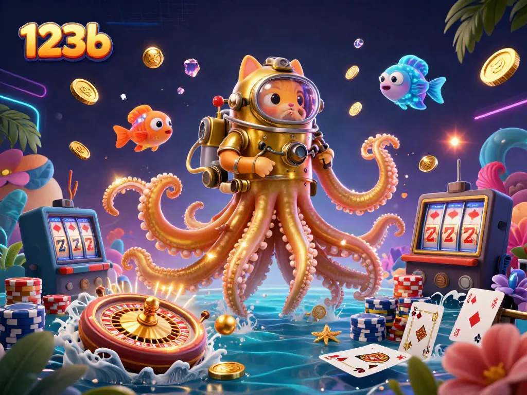 Experience the thrill of 123b with dynamic casino elements featuring a kraken, diving cat, and sparkling treasures.