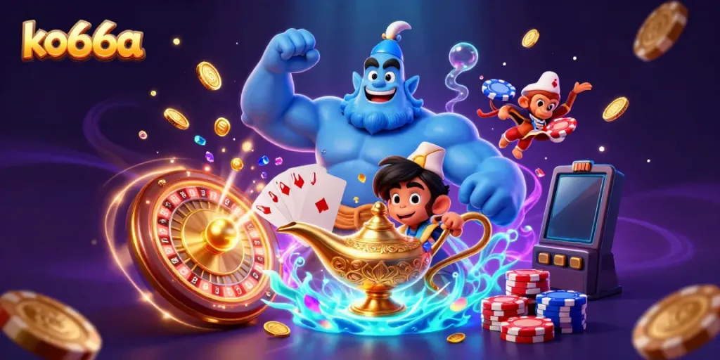 Experience thrilling action at ko66a with a dynamic scene of a genie and monkey amidst casino riches.