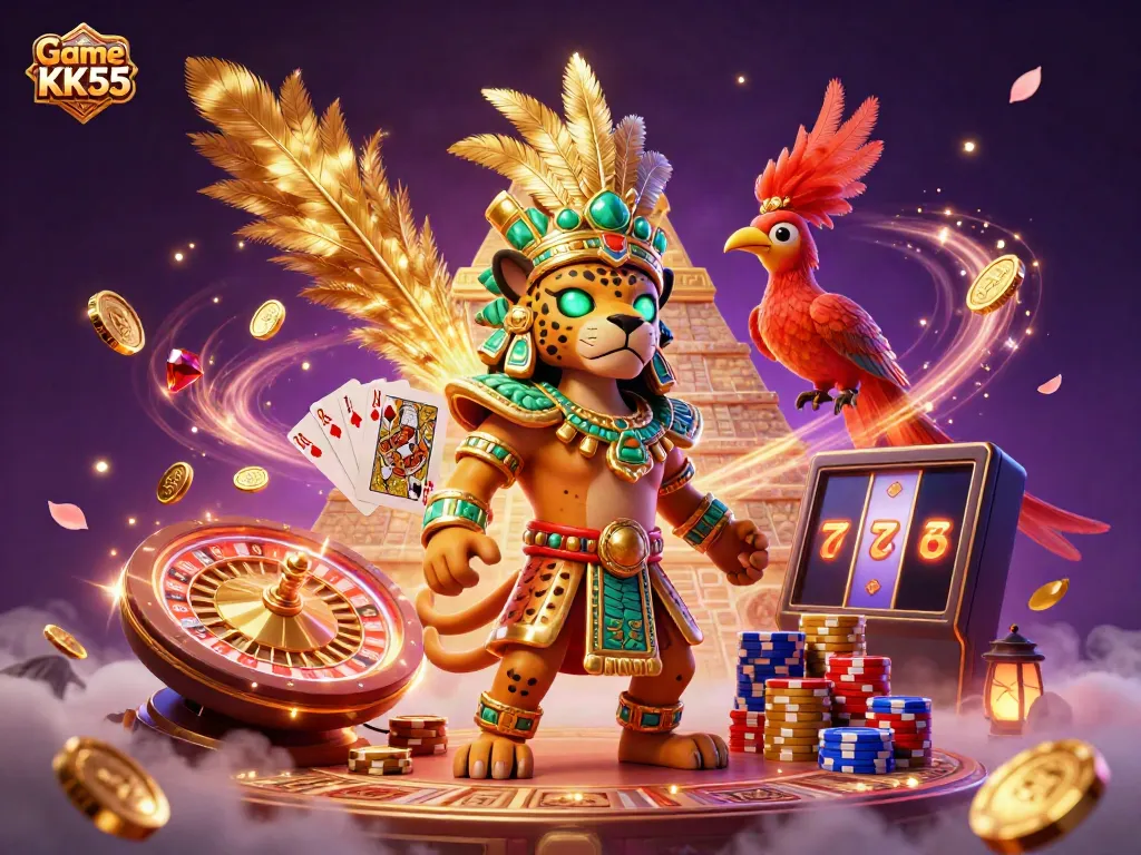 Experience Game KK55 with a vibrant scene of casino excitement featuring character interactions, gold coins, and slot machine reels.