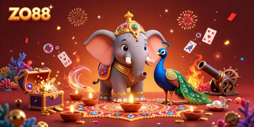 Engage with the vibrant ZO88 world featuring an elephant and peacock amidst casino-themed treasures.