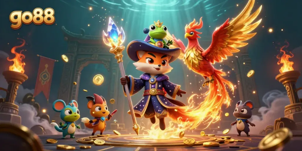 Experience exciting go88 gaming adventures with dynamic wizard fox and phoenix in a vibrant casino scene.