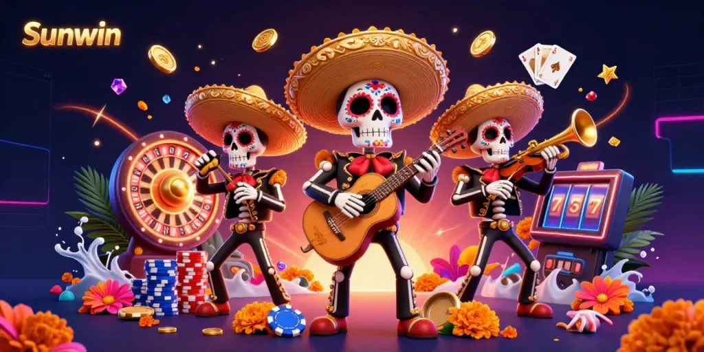 Experience the vibrant energy of Sunwin's casino world with lively mariachi skeletons and dynamic game elements.