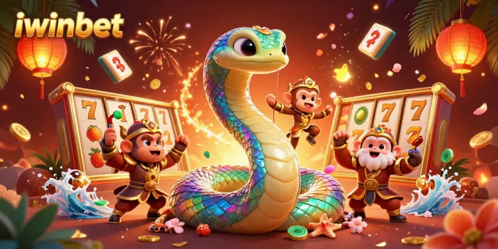 Play casino games with iwinbet featuring a playful monkey king and a rainbow serpent.
