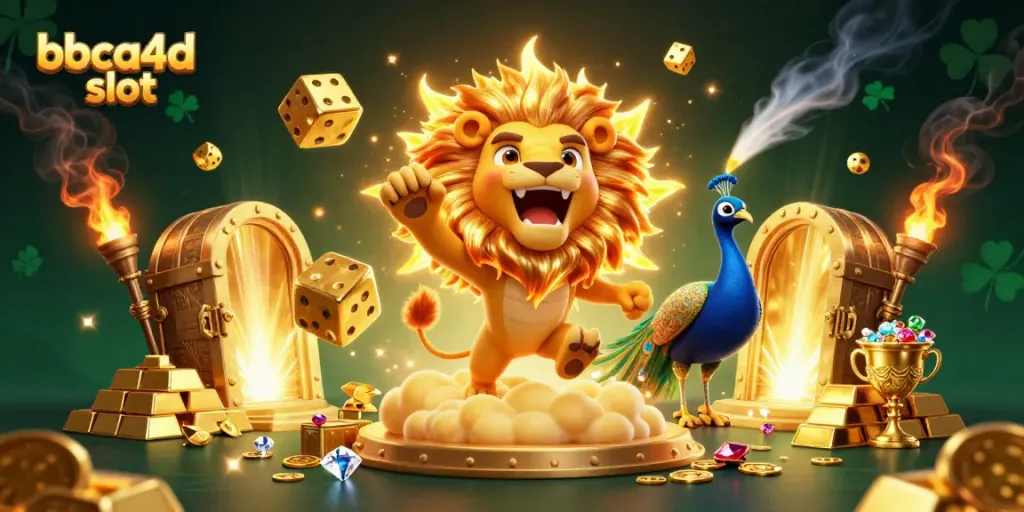 Permainan slot BBCA4D menampilkan singa matahari 3D dengan latar belakang yang mencerahkan.