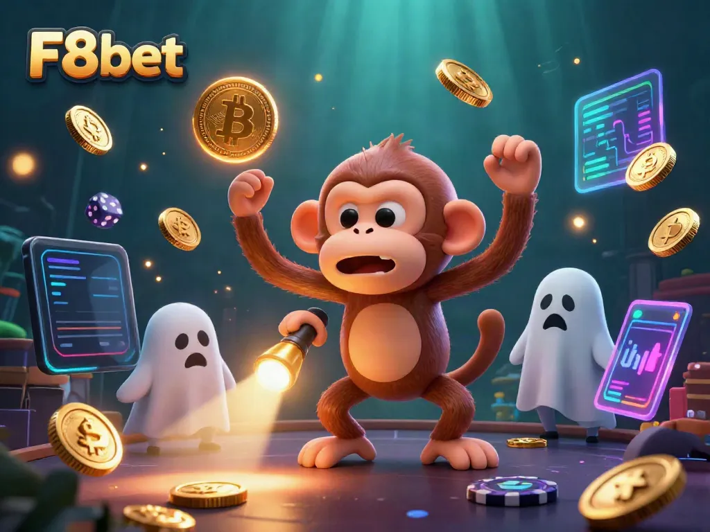 Engage with F8bet's unique gaming experience in a lively haunted casino scene featuring playful characters and crypto elements.