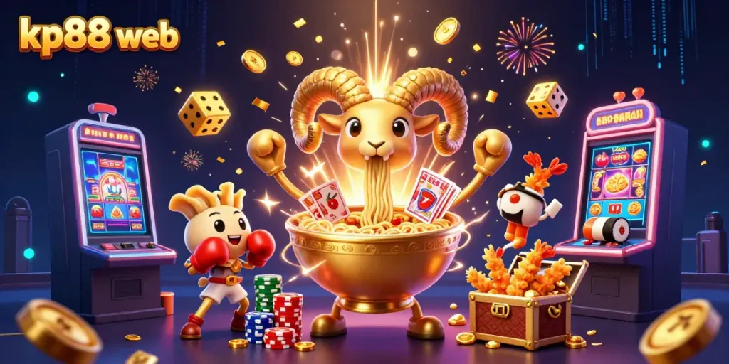 Engaging kp88 web scene with a golden ramen bowl dealer and slot machine bursting with rewards
