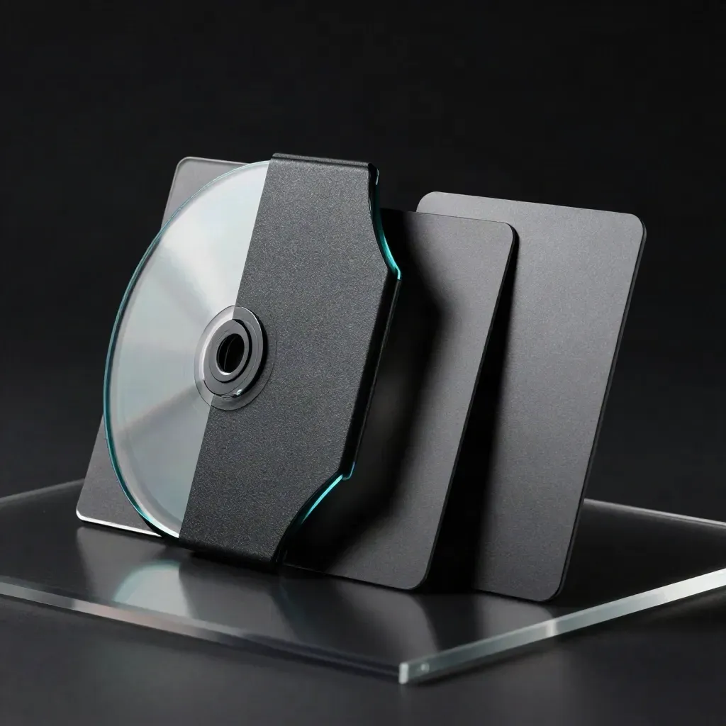 Czarna koperta webinaru z cyjanowym blaskiem i przezroczystym dyskiem na ciemnym tle.