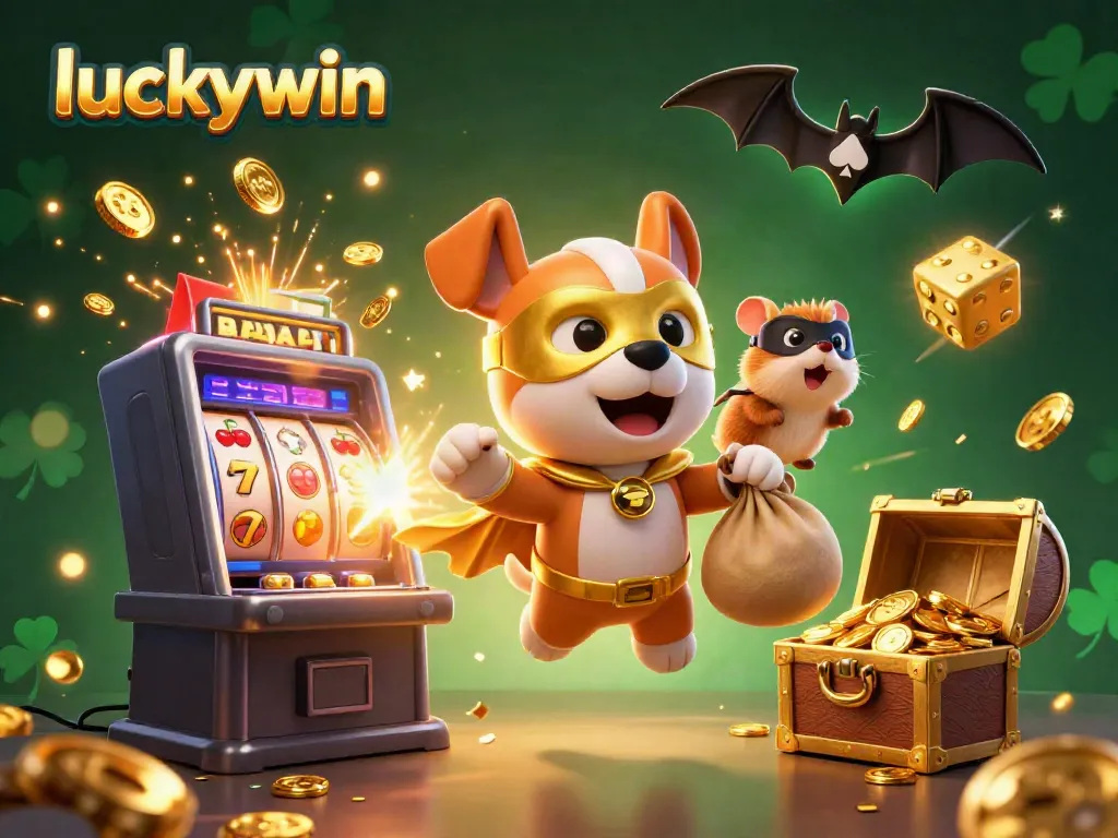Experience excitement with luckywin's superhero dog navigating a vibrant casino world filled with jackpots and games.