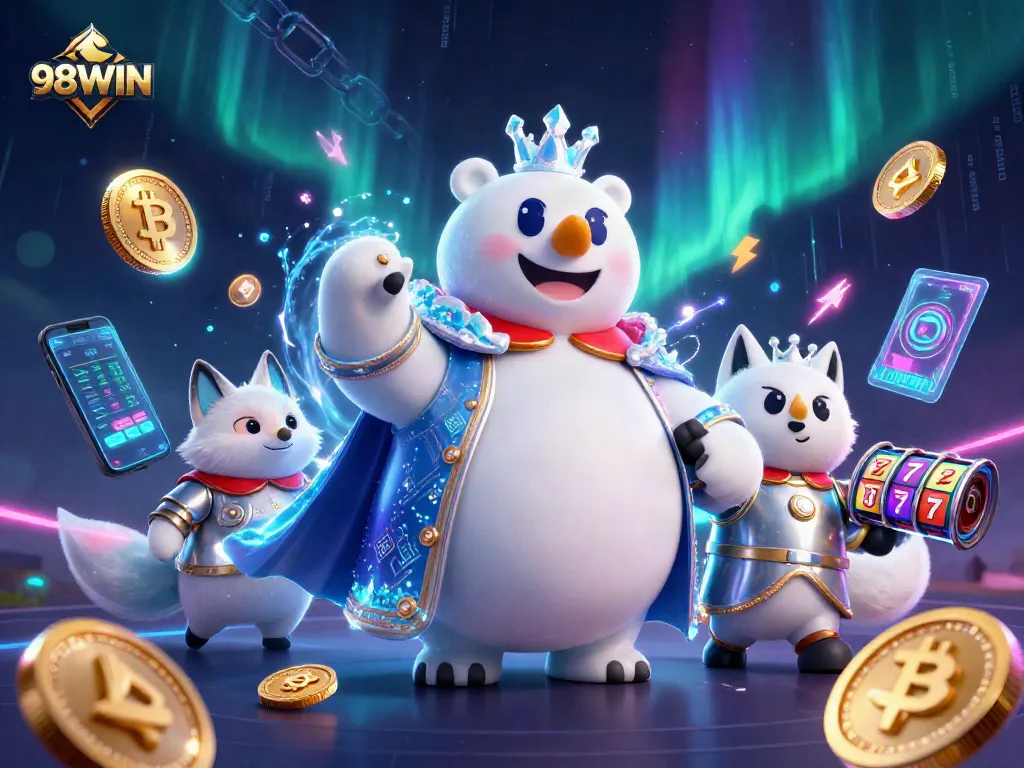 Engage with 98WIN's thrilling slot gameplay alongside a majestic ice king and fox companion.
