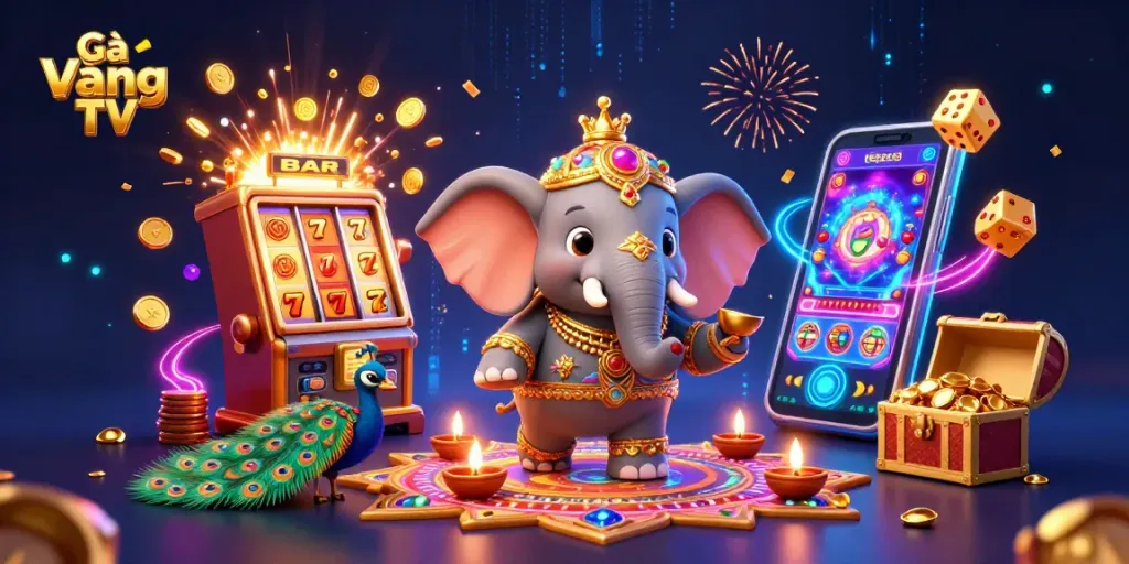 Experience the excitement of Gà Vàng TV with vibrant 3D casino elements and colorful gameplay.