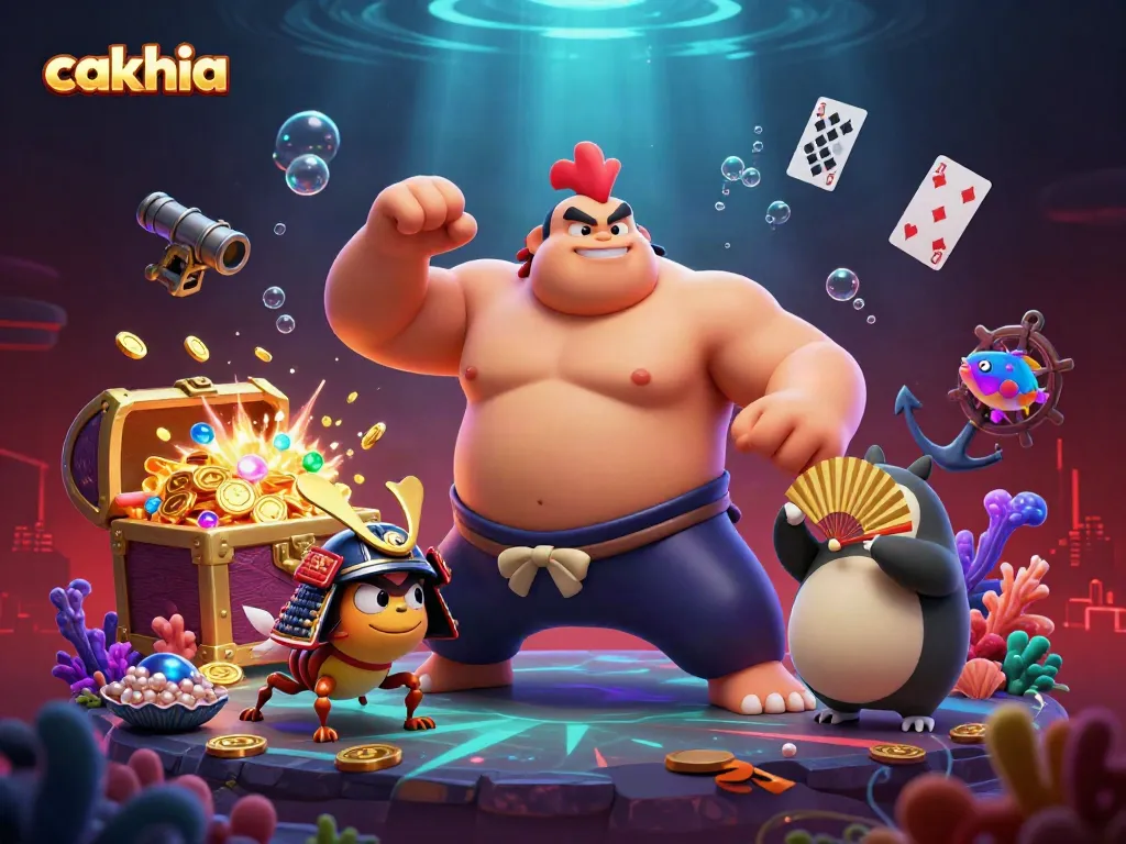 Cakhia offers thrilling gameplay with its powerful sumo wrestler rooster and samurai cricket in a vibrant casino scene.