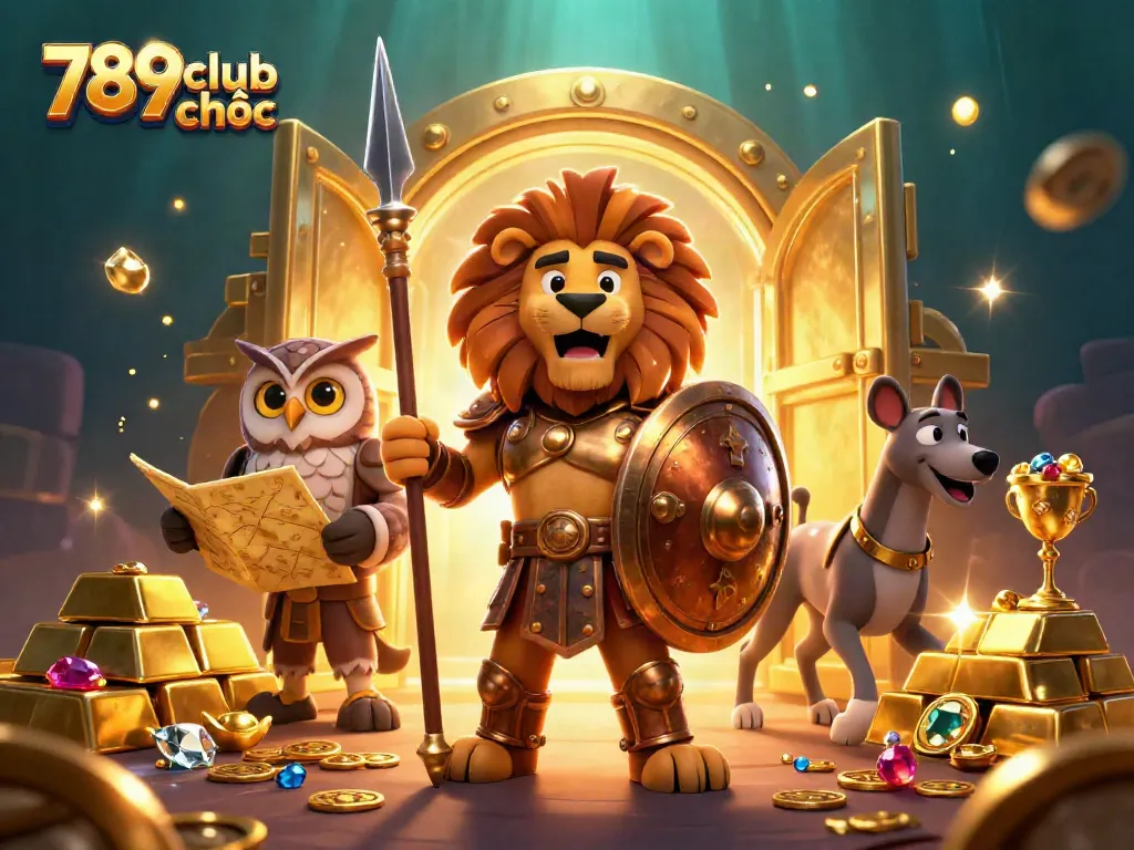 Engage with 789club chính thức through a vibrant casino scene showcasing a Spartan lion, tactical owl, and swift greyhound amid treasure and casino symbols.