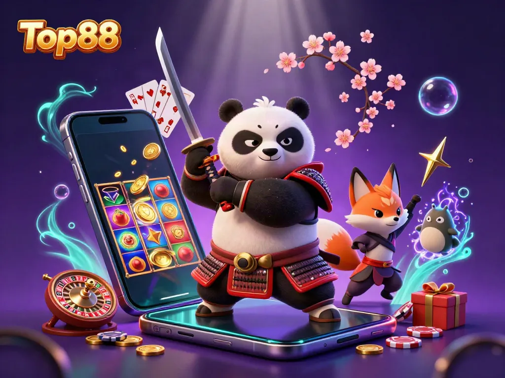 Experience exciting gameplay with Top88's vibrant illustration featuring a samurai panda, a ninja fox, and immersive casino elements.