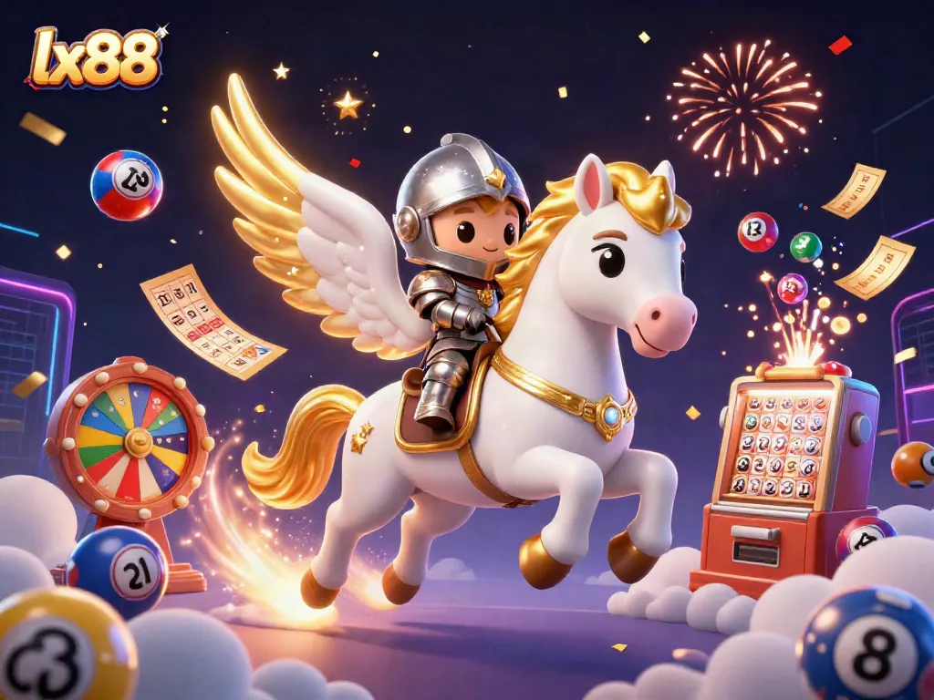 Play the lx88 lottery with vibrant balls and a dazzling animated scene.