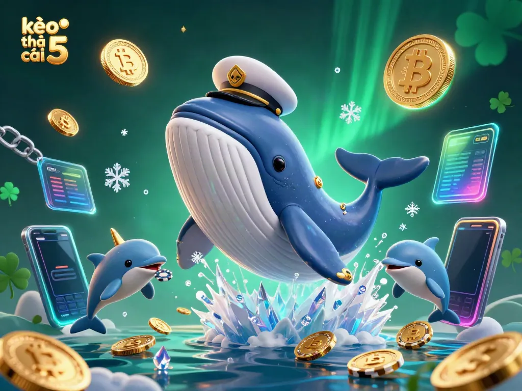 Win big with kèo nhà cái 5 featuring a cartoon whale, narwhal, and dolphins in a sea of coins.