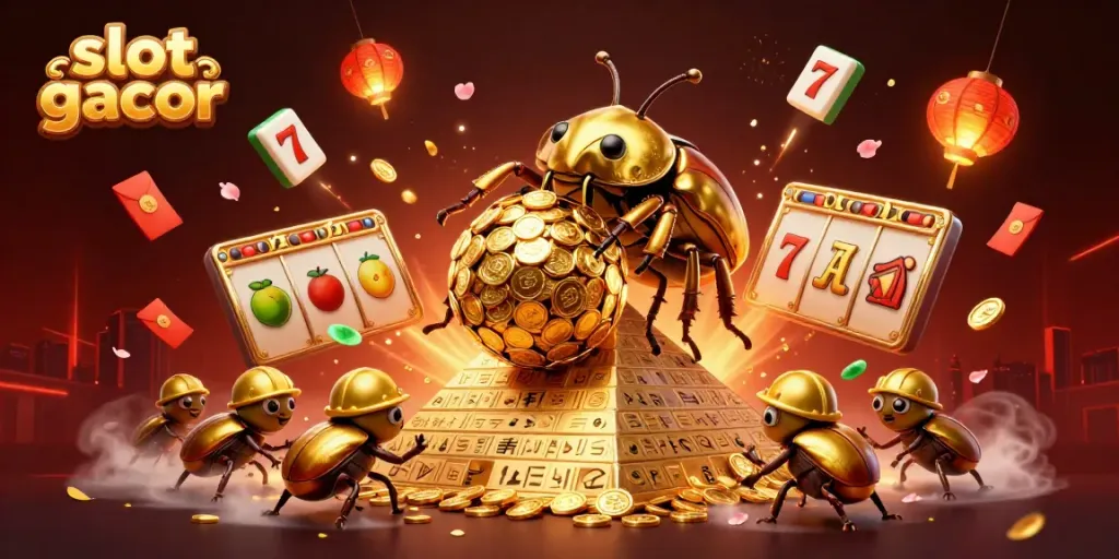 Slot gacor menarik perhatian pemain dengan simbol kasino dalam ilustrasi penuh warna.