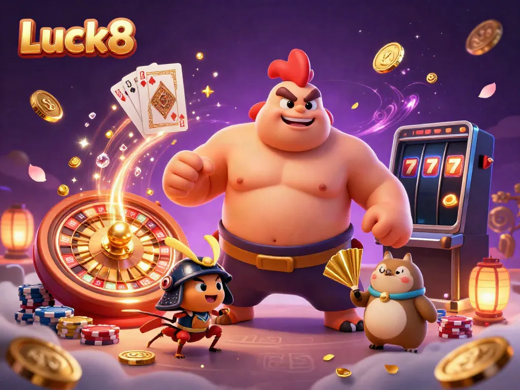 Luck8 showcases an exciting casino scene featuring a powerful sumo wrestler rooster, samurai cricket, and tanuki announcer within a dazzling gaming environment.