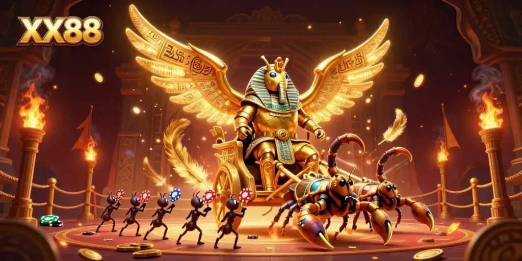 Immerse in the XX88 casino adventure with a golden scarab riding chariot, poker chip ant soldiers, and ember effects.