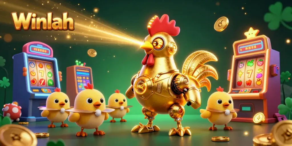 Engage in slot excitement at Winlah with a vibrant 3D illustration of a golden rooster robot amidst colorful casino elements.