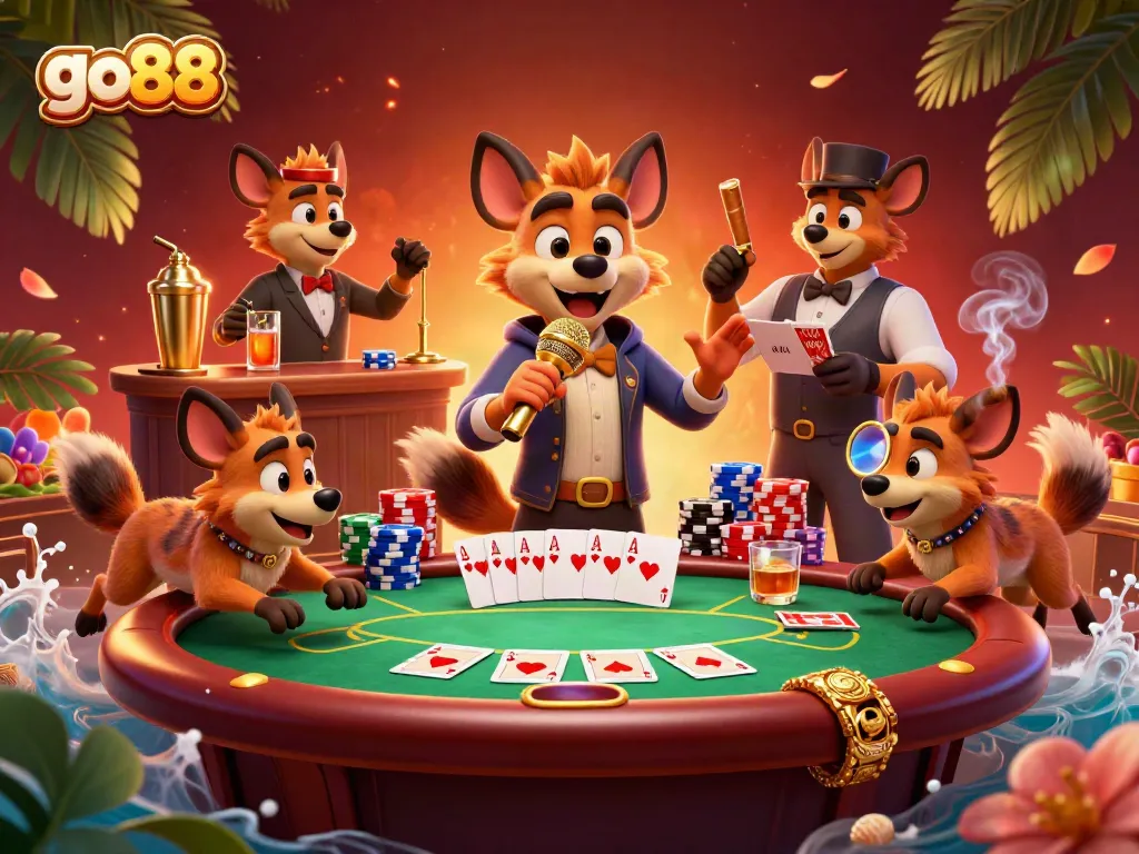 Experience the excitement of go88 with hyena characters in a vibrant casino scene